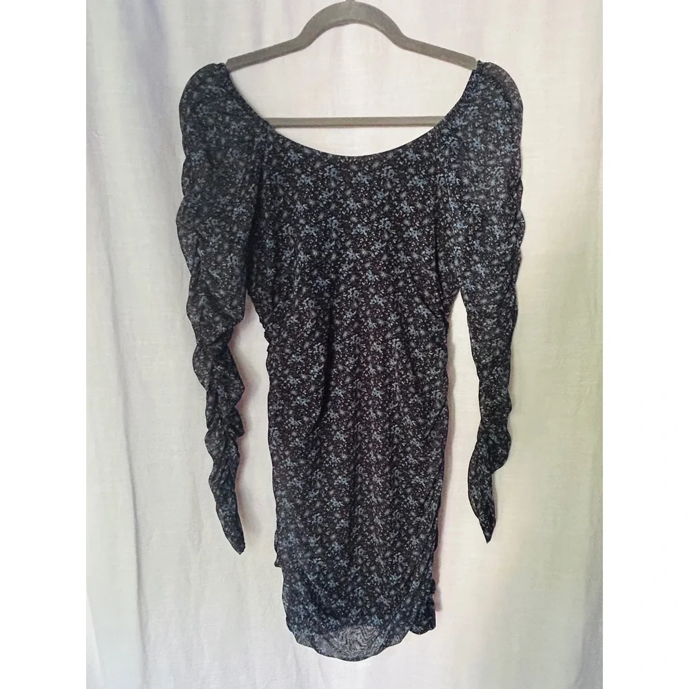 Hollister Ruched Mesh Mini Dress Blue Floral Long Sleeve V-Neck Bodycon XS